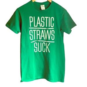 Earth Month Plastic Straws Suck Green Cotton Graphic Tee Shirt Small
